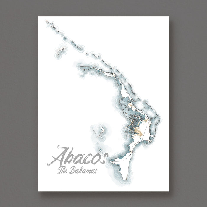 Map of Abacos, The Bahamas with watercolor texture on a white background