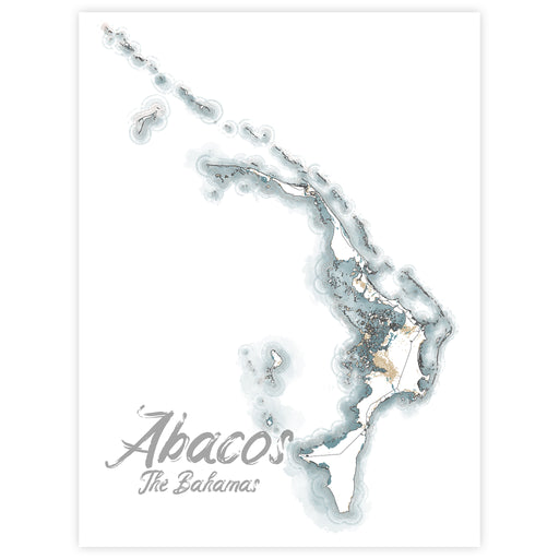 Map of Abacos, The Bahamas with watercolor texture on a white background
