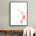Framed map of Abacos on a wall above a wooden bench.
