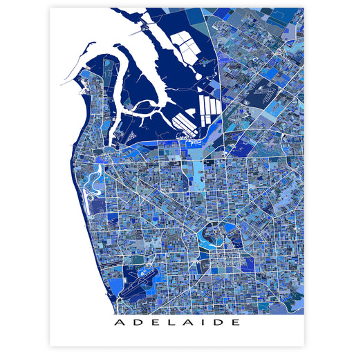 Map of Adelaide with a blue color scheme on a white background
