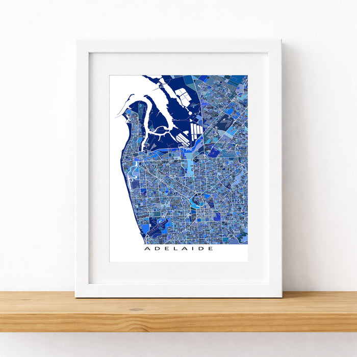 Framed map of Adelaide with a blue mosaic design on a white background