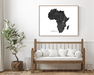 Africa map print with black and white 3D topographic landscape features by Maps As Art.
