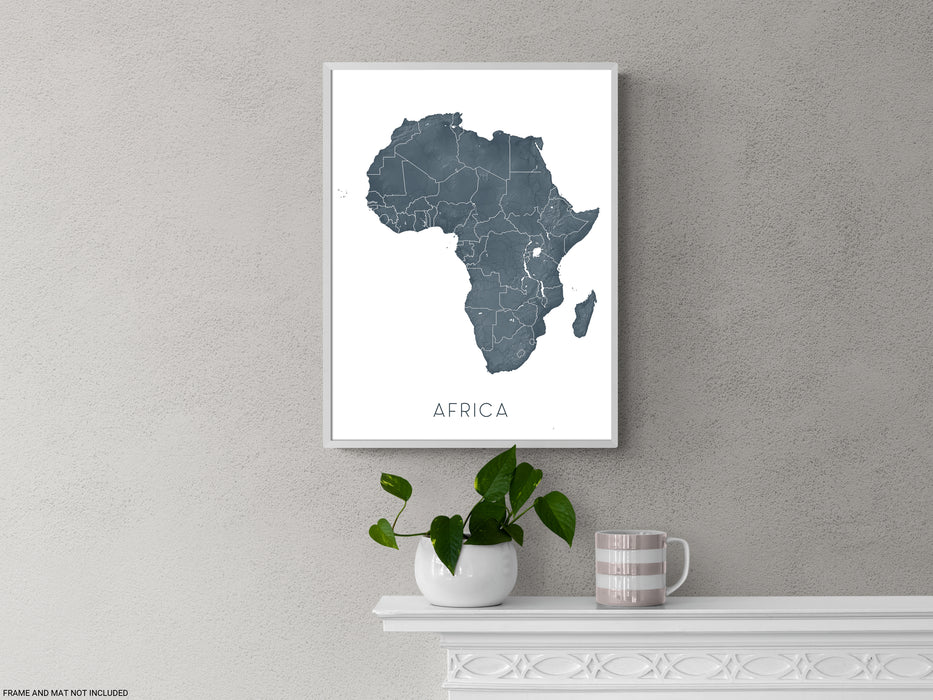 Africa map print with 3D topographic landscape features by Maps As Art.