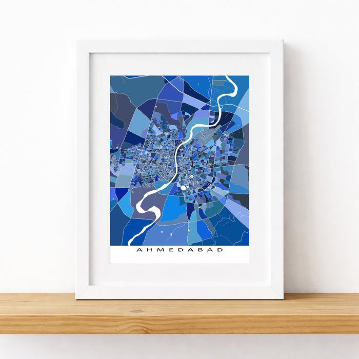 Framed map of Ahmedabad with a blue color scheme on a white background
