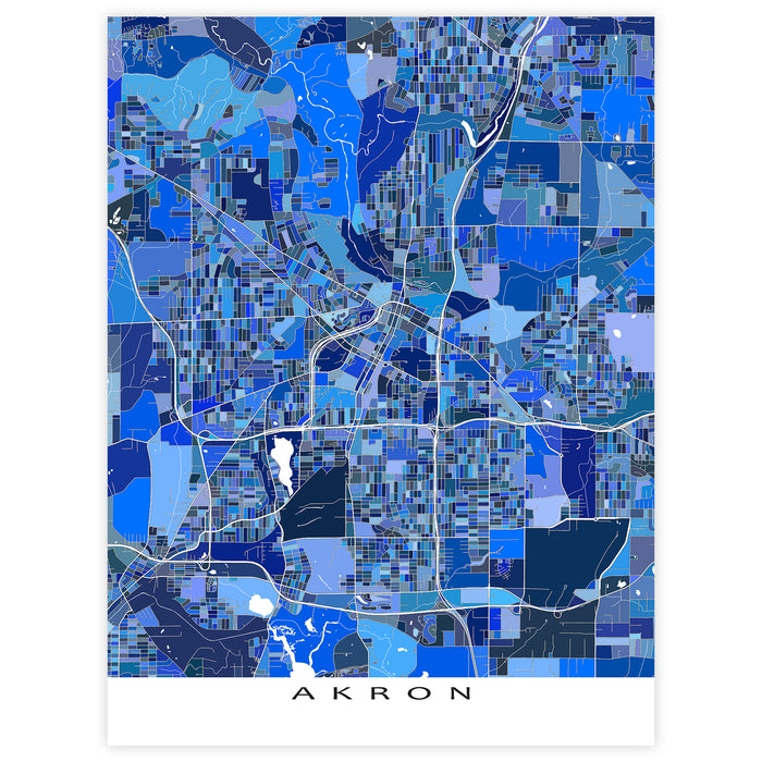 Colorful map of Akron with a geometric design