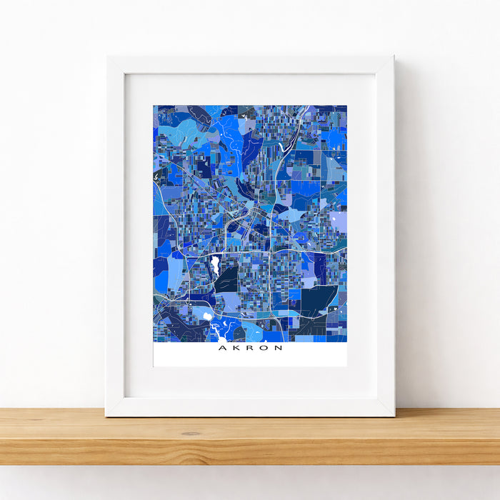 Framed map of Akron with a blue color scheme on a white background