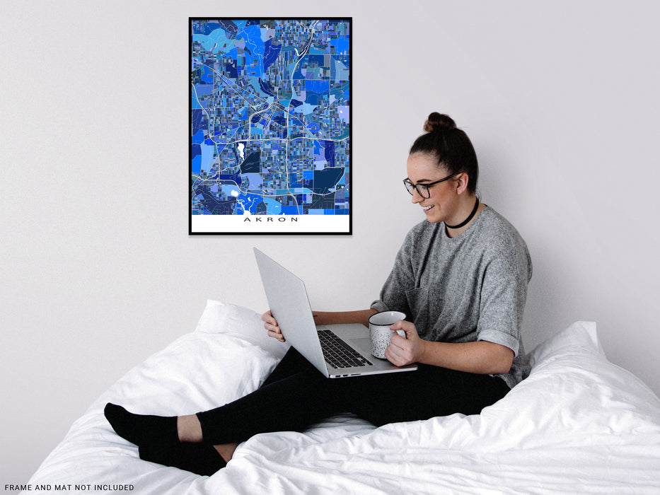 Akron, Ohio map art print in blue shapes from Maps As Art.