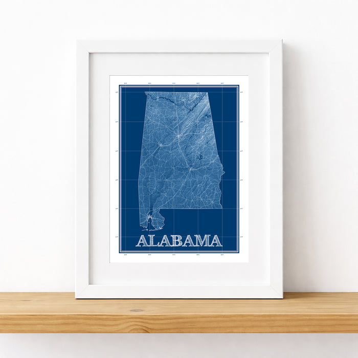 Framed map of Alabama on a white background