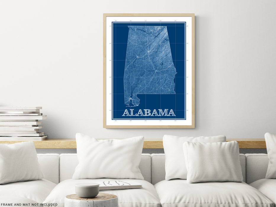 Alabama state blueprint map art print designed by Maps As Art.