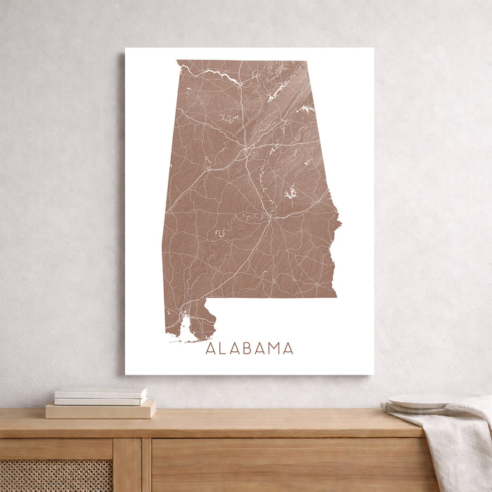 Map of Alabama on a white background, displayed on a wall above a wooden shelf.