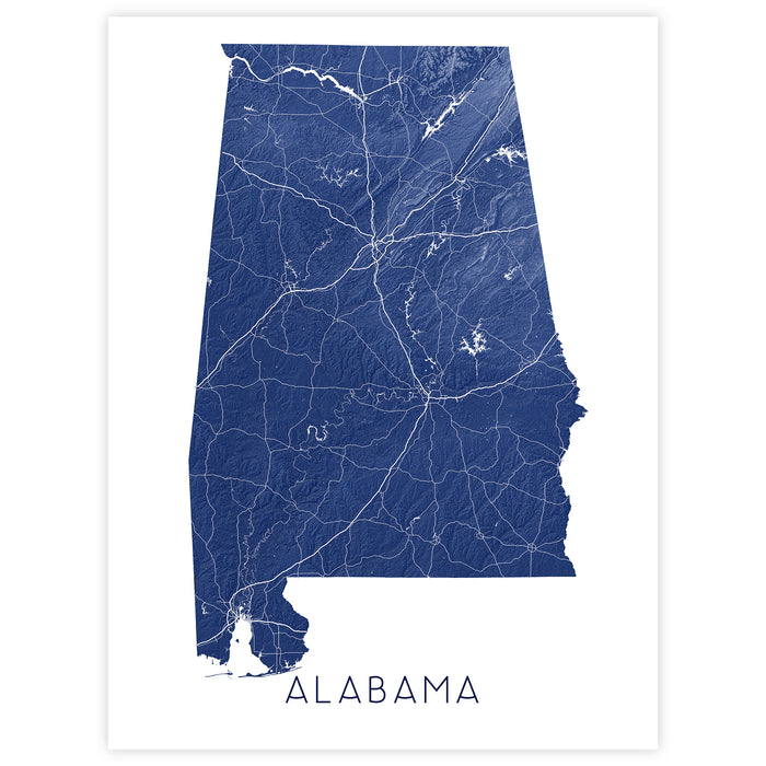 Map of Alabama in blue on a white background