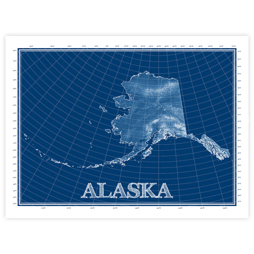 Blueprint-style map of Alaska on a white background