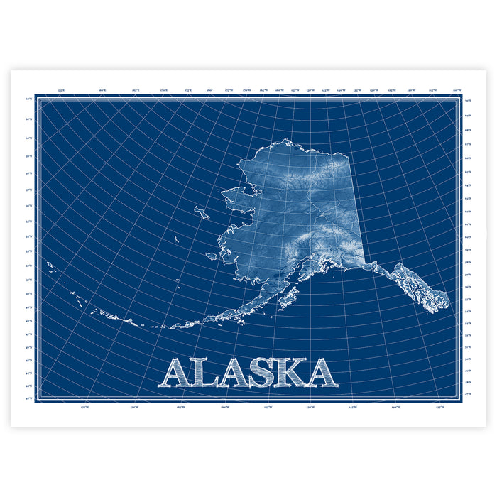 Blueprint-style map of Alaska on a white background