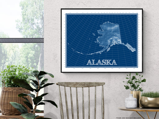 Alaska state blueprint map art print designed by Maps As Art.
