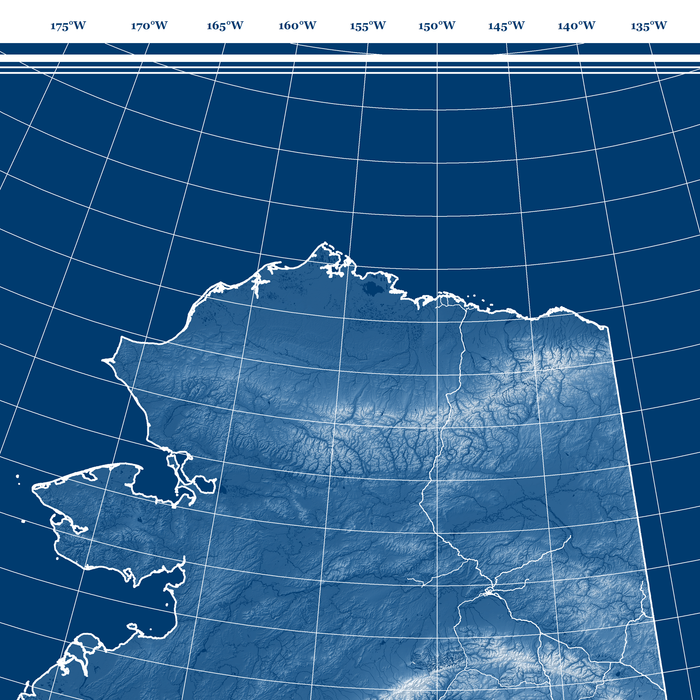 Topographic map of a region with grid lines on a blue background