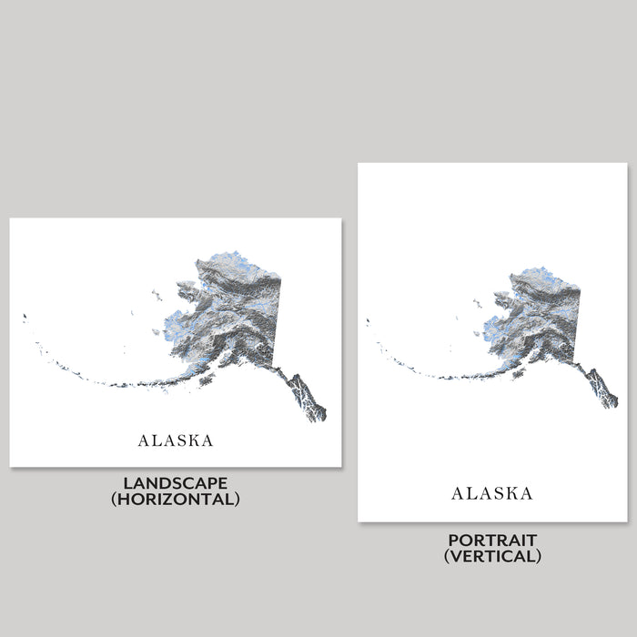 Two versions of an Alaska map print, one landscape and one portrait, on a gray background.