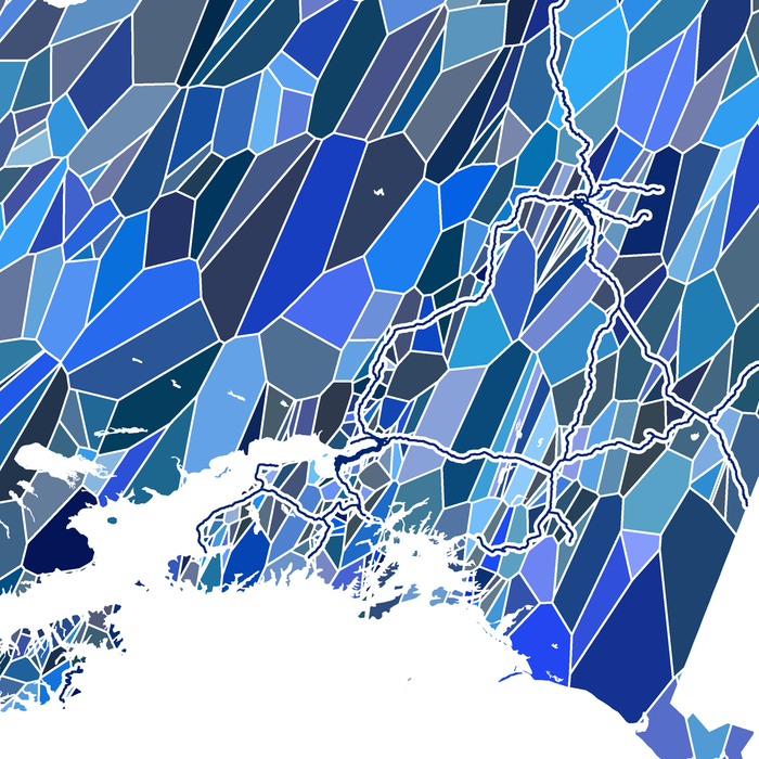 Geometric mosaic of blue shapes on a white background