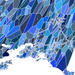 Geometric mosaic of blue shapes on a white background