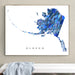 Framed map of Alaska with a geometric design on a wall.