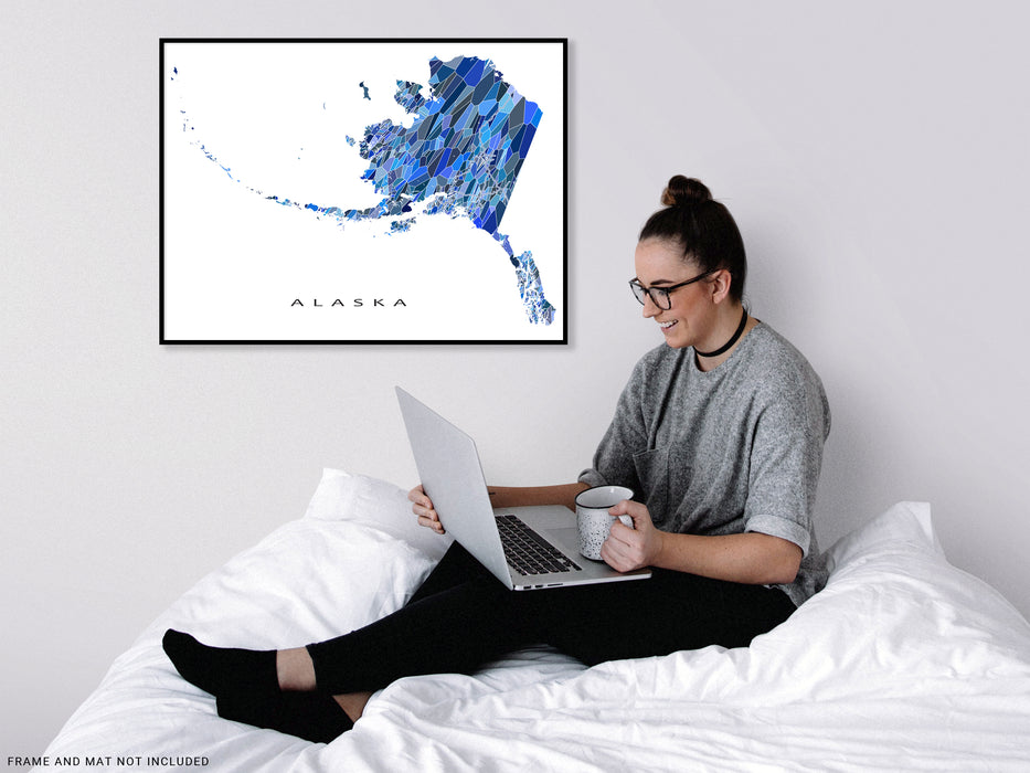 Alaska state map art print in blue shapes from Maps As Art.