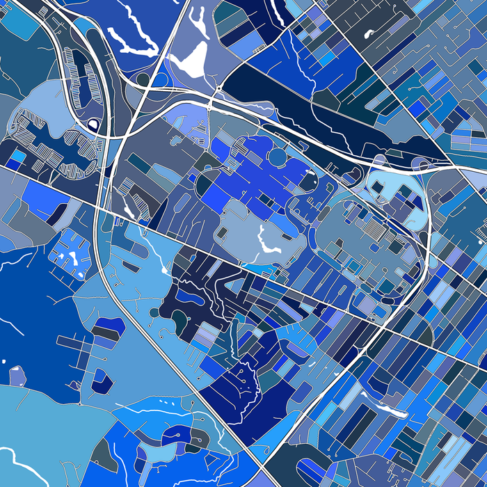 Colorful map of a city with various shades of blue