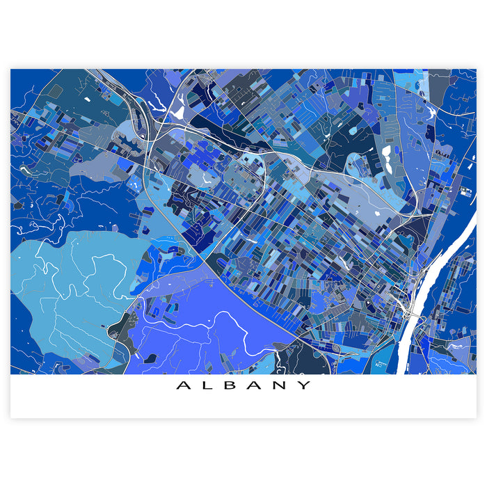 Map of Albany in blue tones on a white background