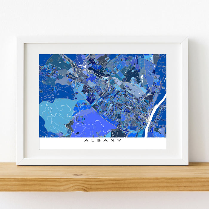 Framed map of Albany on a white wall
