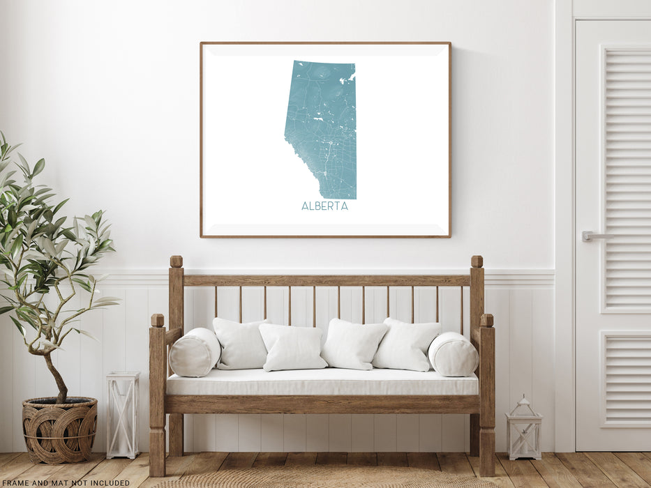 Alberta map art print with 3D topographic landscape features and main Alberta, Canada provincial roads by Maps As Art.