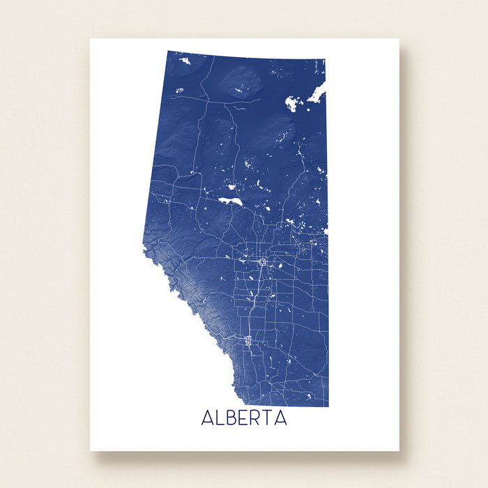 Map of Alberta in blue on a white background