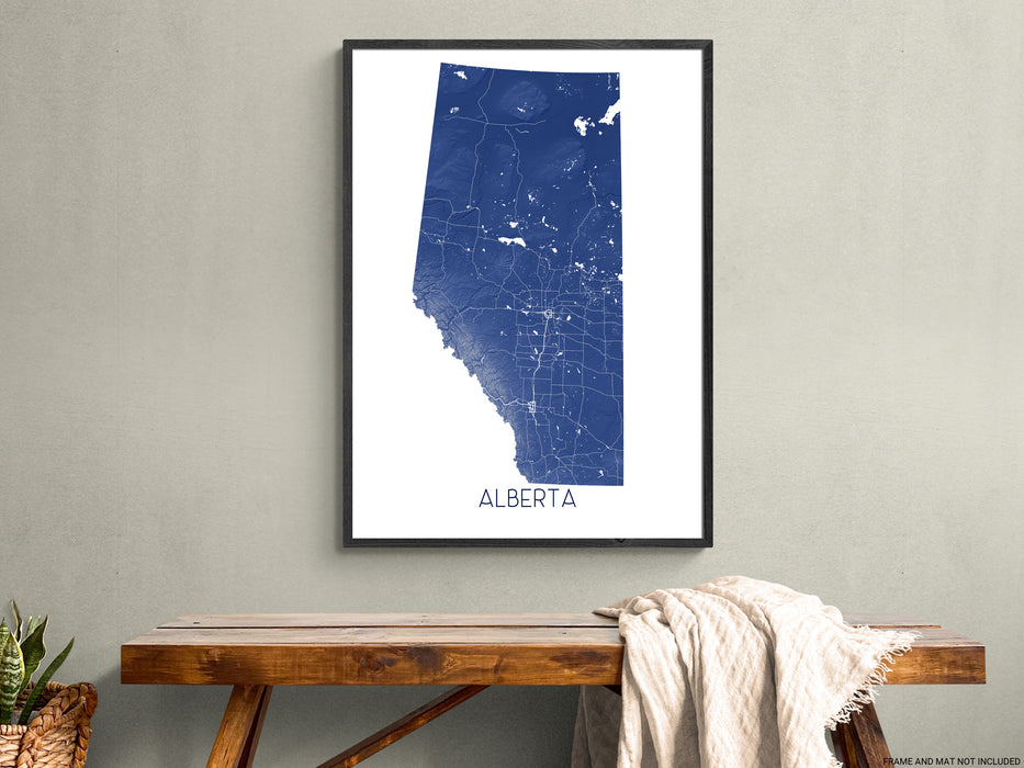 Alberta map art print with 3D topographic landscape features and main Alberta, Canada provincial roads by Maps As Art.