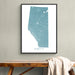 Framed map of Alberta on a wall above a wooden bench.