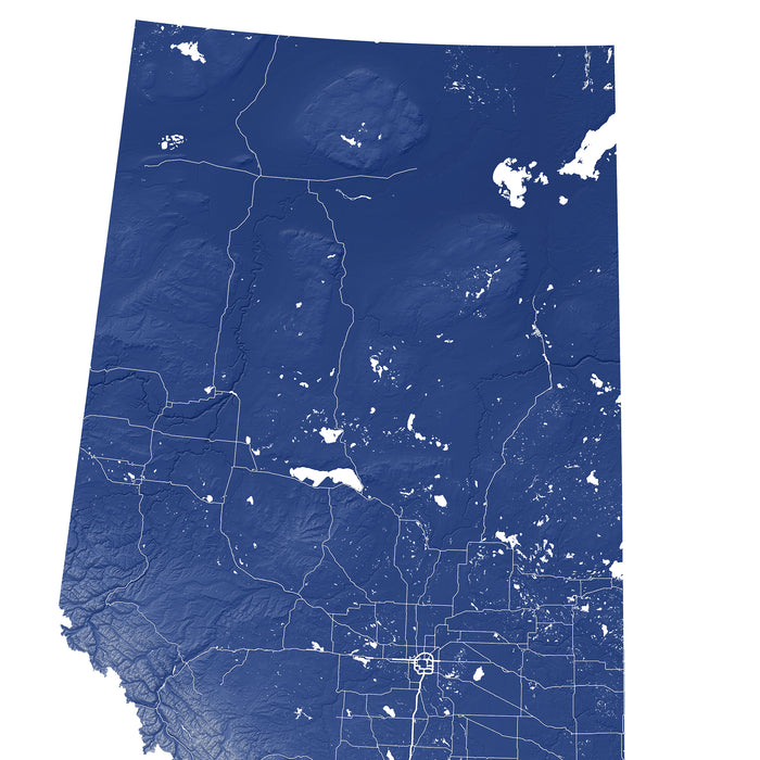 Topographic map of Alberta with blue colour scheme