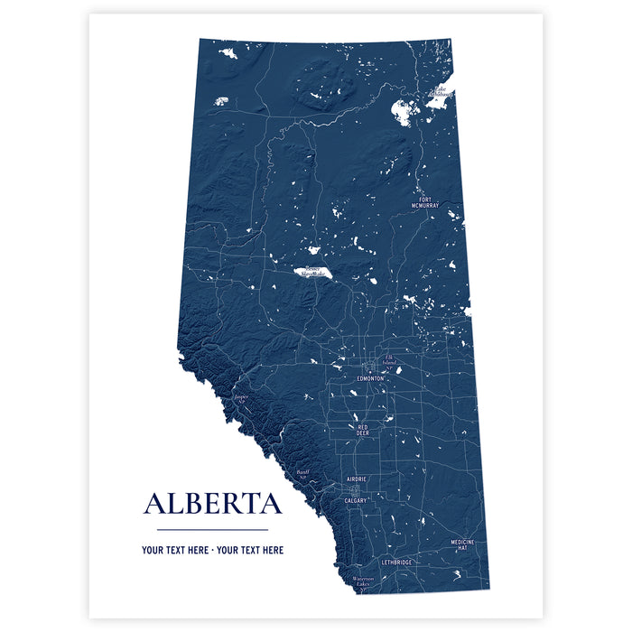 A vertical map print of Alberta, Canada, shown in dark navy blue with white road lines and small city labels. The word "ALBERTA" appears at the bottom left, with placeholder text below it, on a white background.