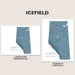 Two Alberta province map art prints shown on a beige background, labeled Landscape (Horizontal) and Portrait (Vertical). The maps are rendered in muted blue-gray with white highlights, and the word ICEFIELD appears above.