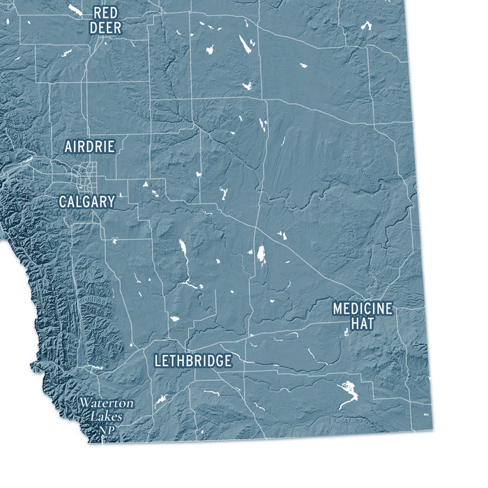 A stylized map of southern Alberta with labeled cities and towns including Red Deer, Airdrie, Calgary, Lethbridge, Medicine Hat, and Waterton Lakes, shown in muted blue-gray tones with white labels and linework.