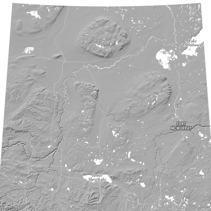 A grayscale topographic map of northern Alberta.