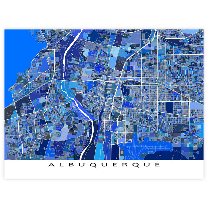 Map of Albuquerque in blue tones on a white background