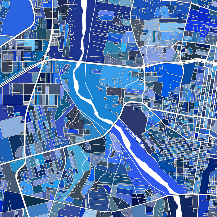 Colorful map of a city with various shades of blue