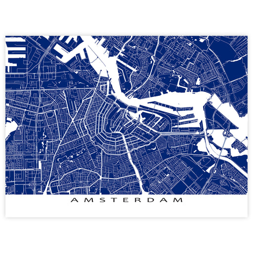 Map of Amsterdam in blue and white on a white background
