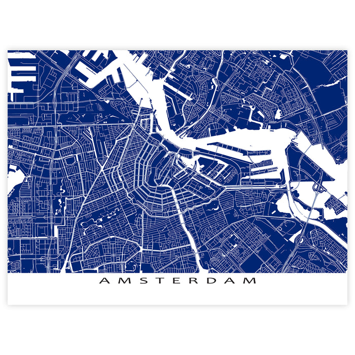 Map of Amsterdam in blue and white on a white background