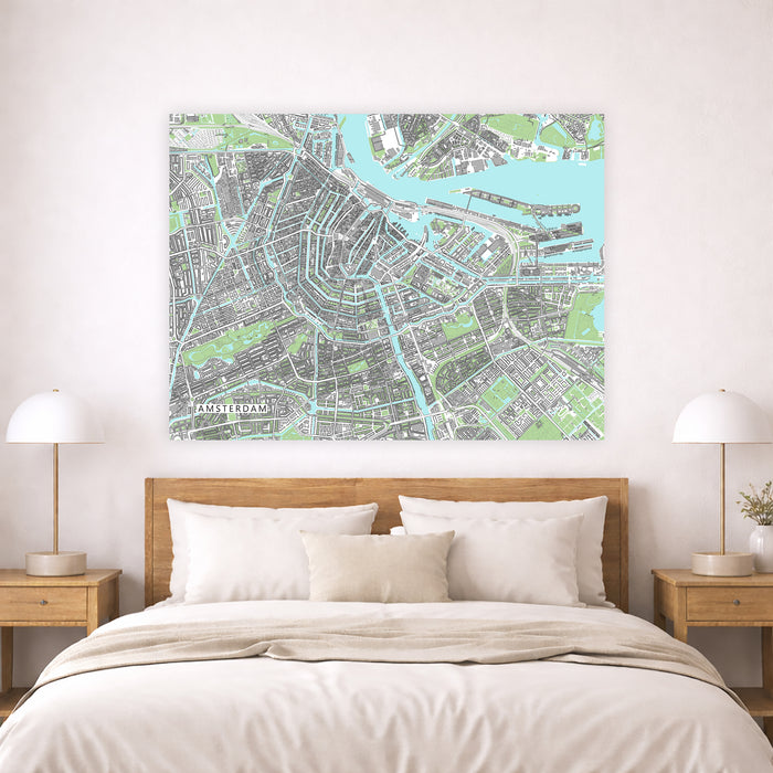 City map artwork on a wall above a bed in a bedroom setting