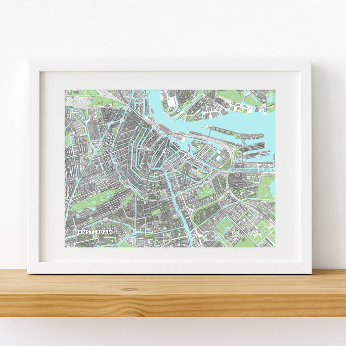 Framed map of Amsterdam on a white wall