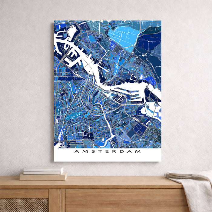 Map of Amsterdam on a wall above a wooden shelf