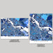 Two map prints of Amsterdam, one in landscape and one in portrait orientation, on a gray background.
