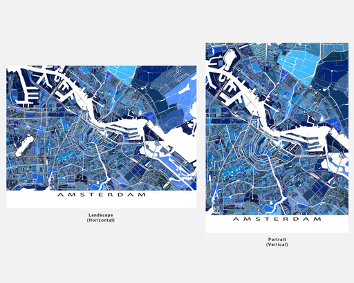 Amsterdam, Netherlands map art print in blue shapes from Maps As Art.