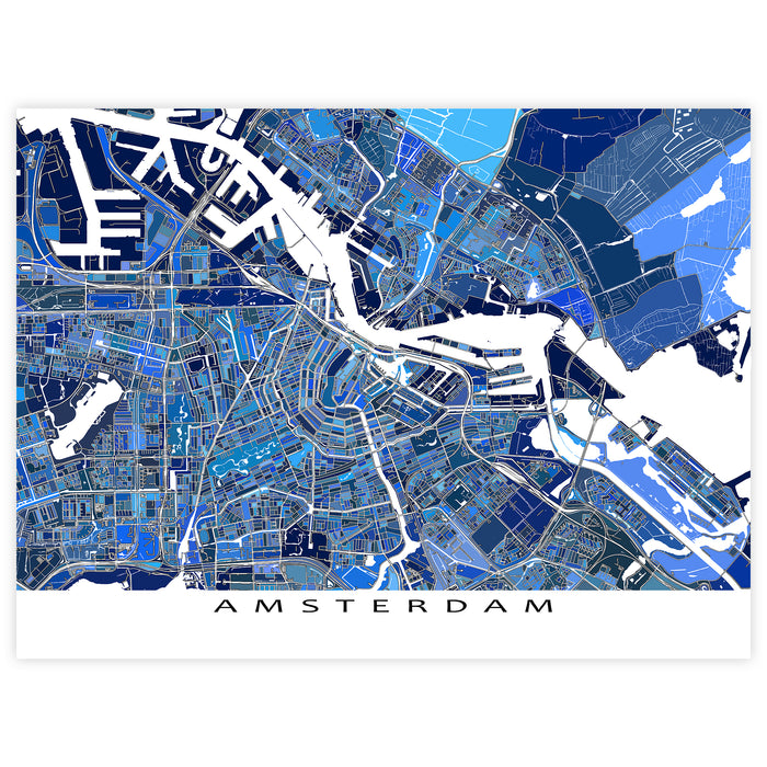 Map of Amsterdam in blue and white