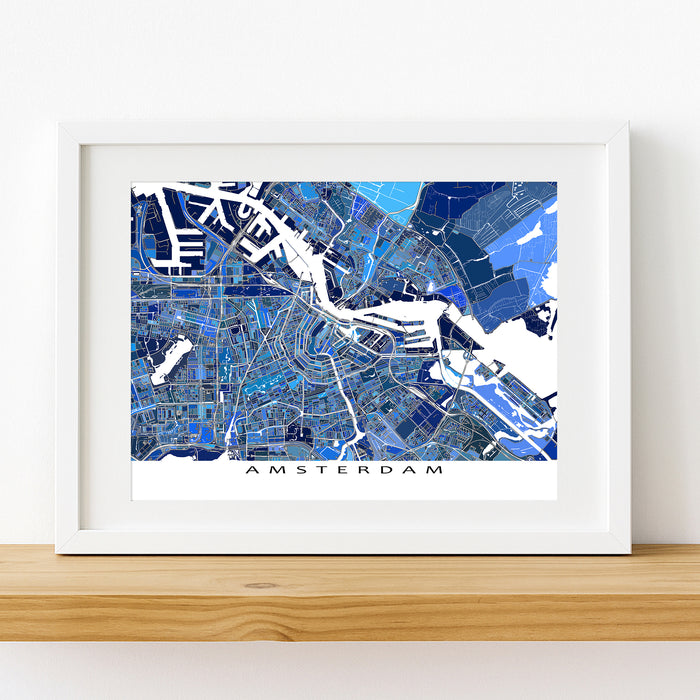 Framed map of Amsterdam on a white wall
