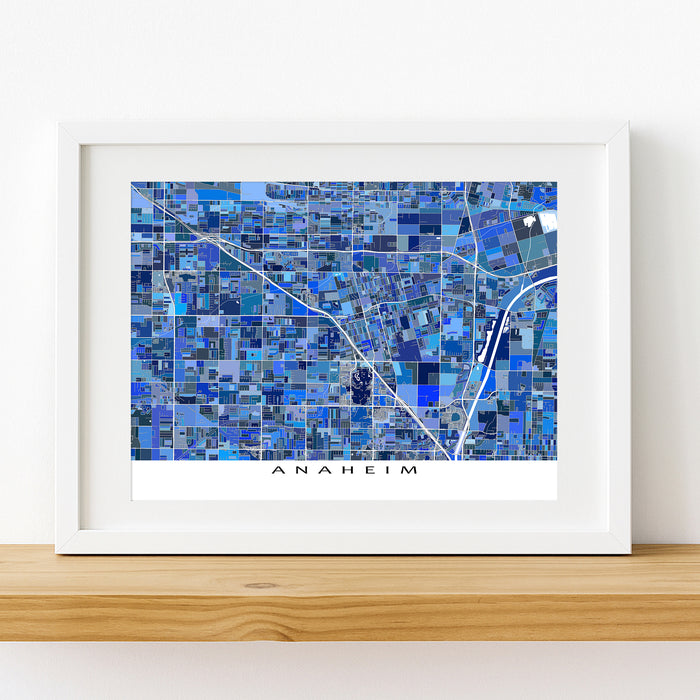 Framed map of Anaheim with a blue mosaic design on a white background