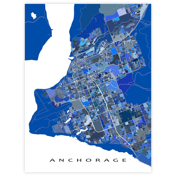 Map of Anchorage with a blue color gradient on a white background