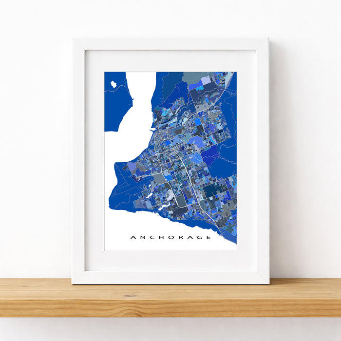 Framed map of Anchorage on a white wall